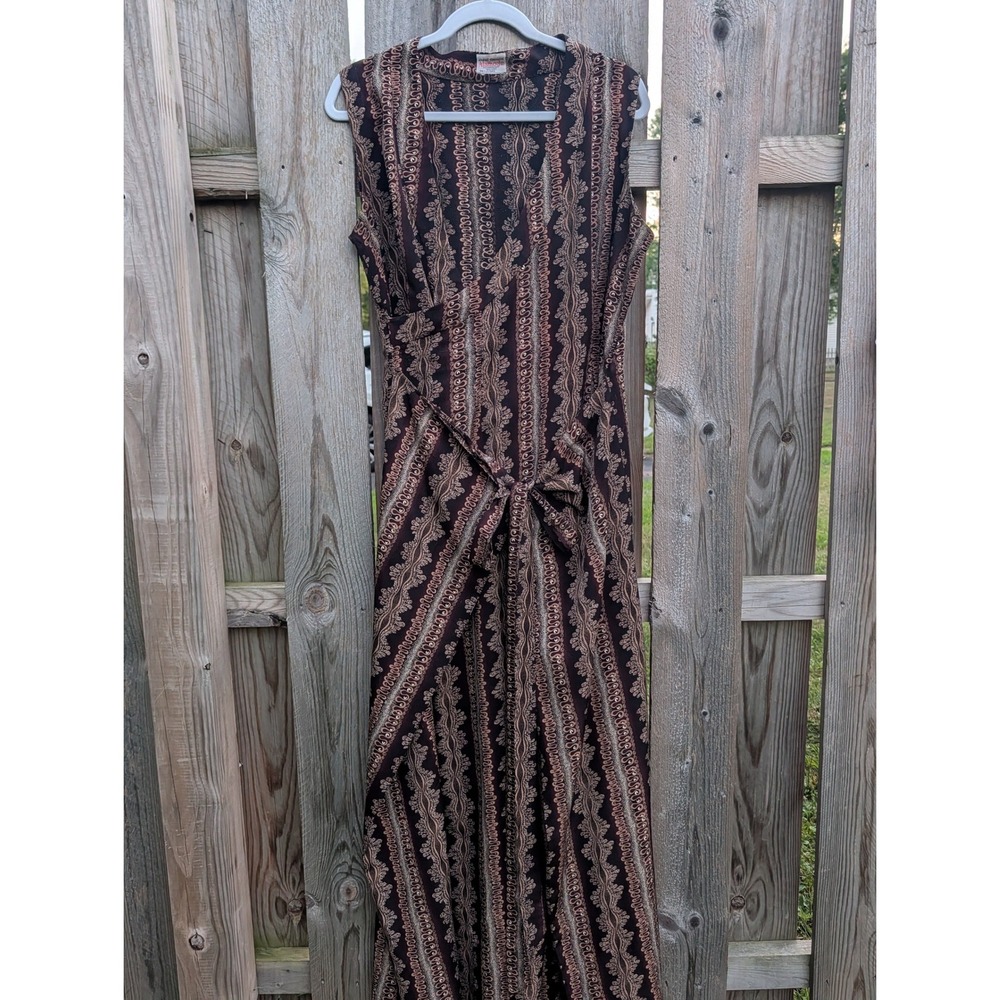 Womens Alamode Brown Paisley Maxi Dress Medium Excellent Vintage Tie Waist Wrap
